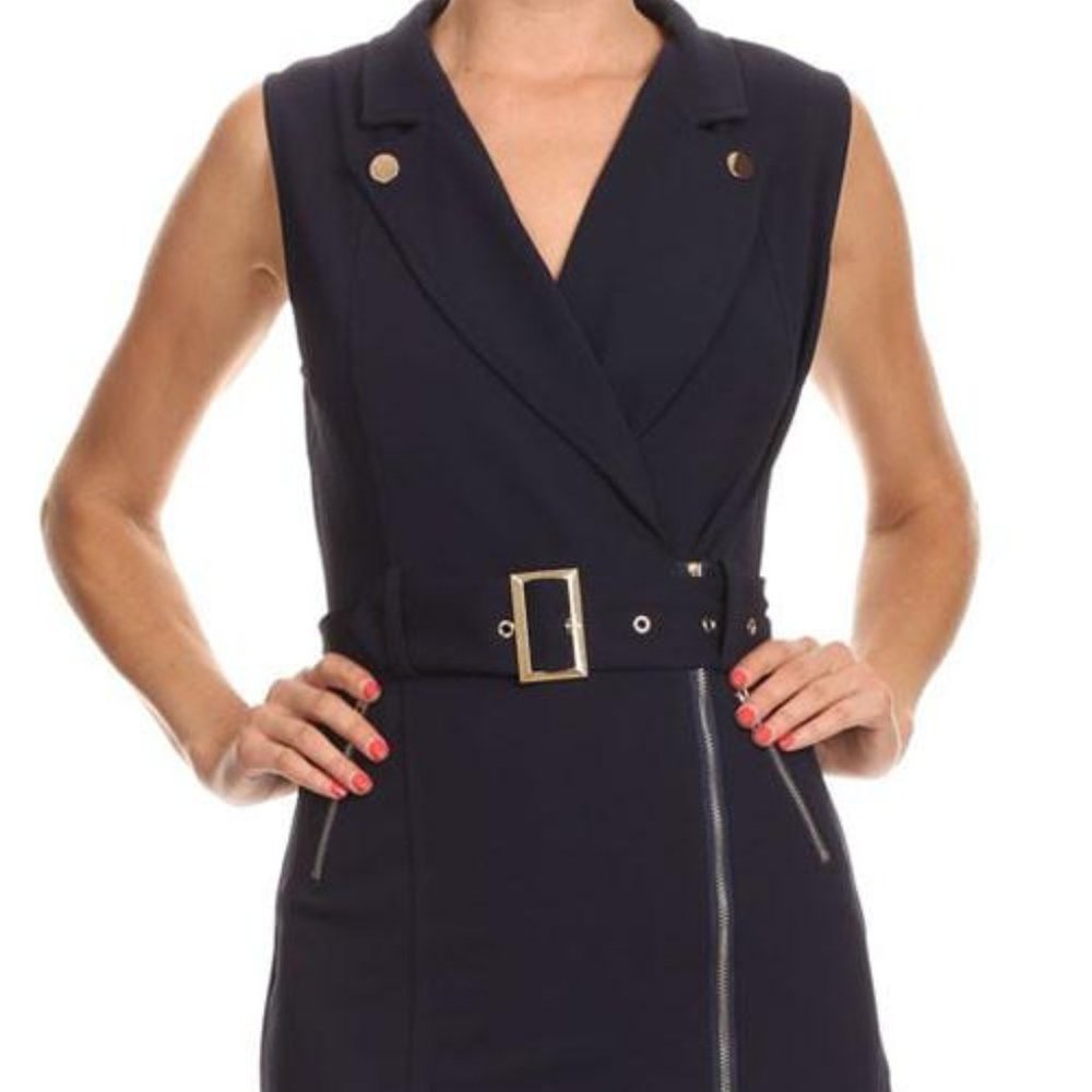 Women's Navy Blue Belted Power Dress